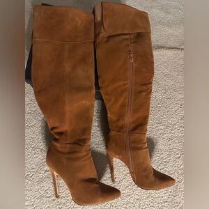 Camel Suede Knee-High Boots